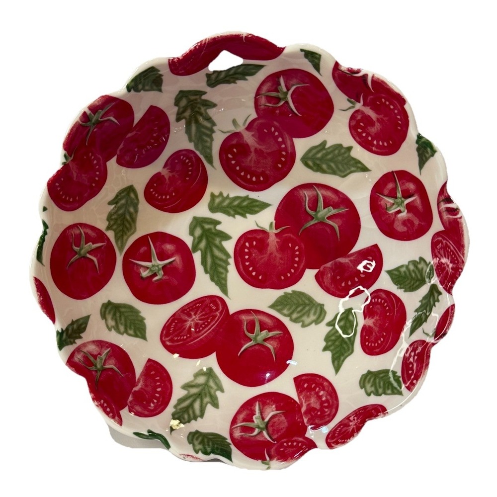 SH Home Scalloped Tomato Stoneware Serving Bowl 9.5" Basil Tomatoes Red Green